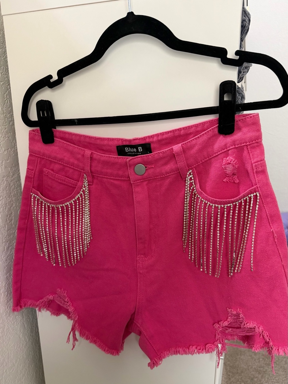 Blue B Collection- Hot Pink Rhinestone Fringe Denim Shorts
